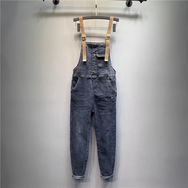 

Fashionable Korean Version Of Denim Suspender Women 2024 Spring Autumn New Loose Age-reducing Slim Fit nine-Point One-Part Pants