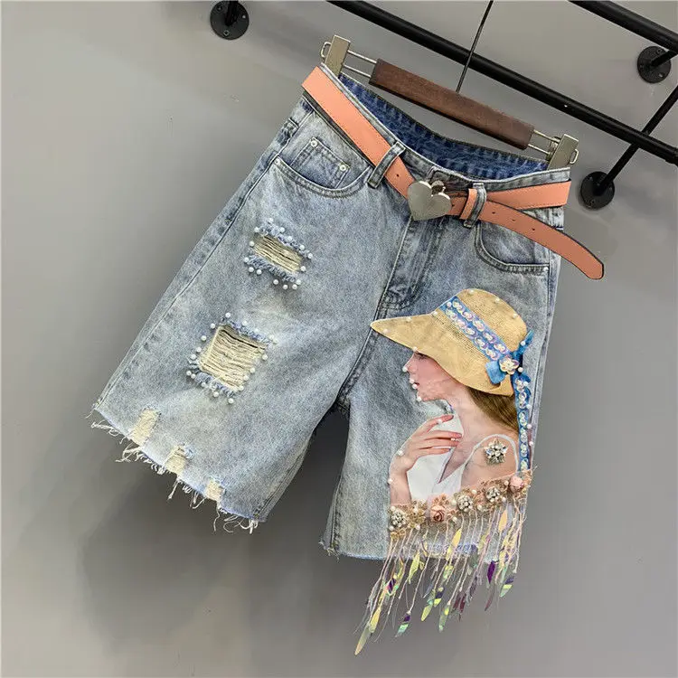 Schönheit karte quaste pailletten nagel loch fünf teil denim shorts weibliche gerade bein hosen trend hohe taille jeans Knie Länge