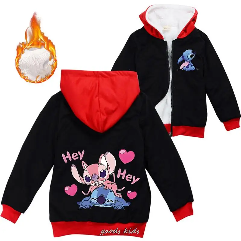 Lilo And Stitch Kids Jackets Boys Winter Thick Coats Warm Fur Outerwear For Youth Girls Hooded Jacket Children\'s Clothes 2-16Y