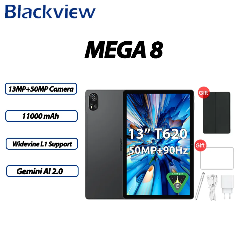 Tablettes Blackview MEGA 8 en liquidation, tablettes AI 13 pouces FHD+ Android 15, écran 90 Hz, 11000 mAh, 36 (12+24) Go + 512 Go, 4 haut-parleurs, 4G