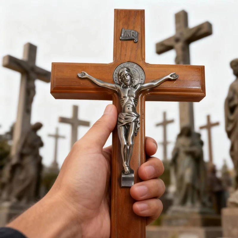 

New 2026 Catholic Wooden Cross with Base Pray for your Family and Home Handheld Religious Souvenir Statue of Jesus on Base Gift