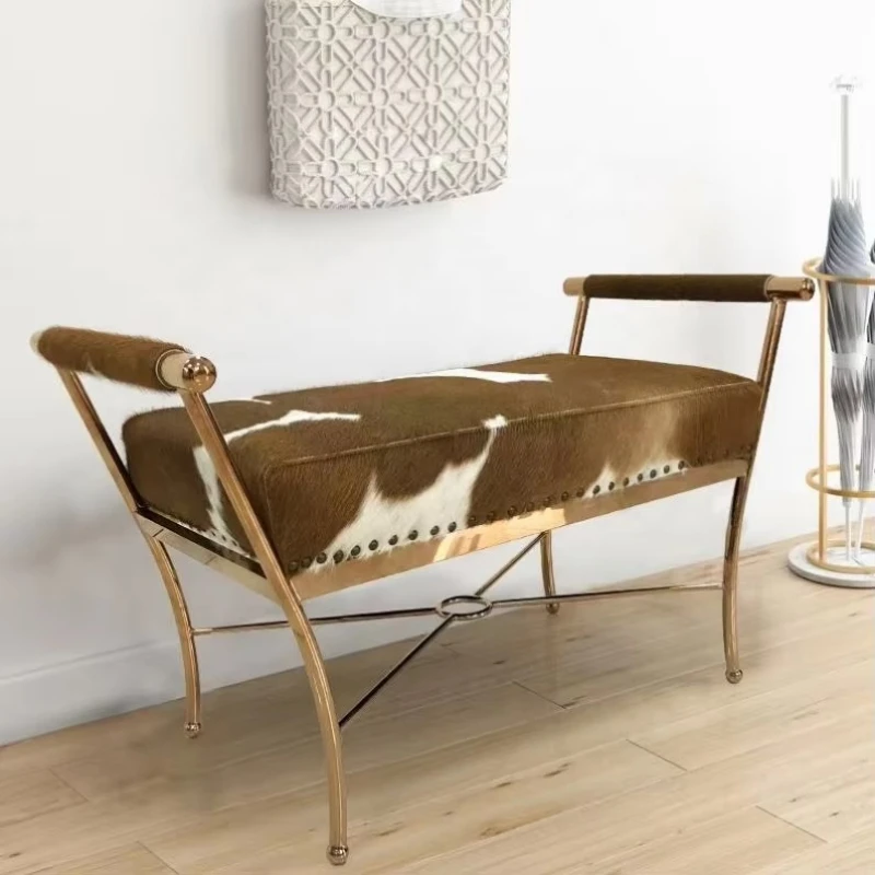 Light luxury style shoe changing stool cowhide bench stainless steel leg sofa stool bedroom furniture