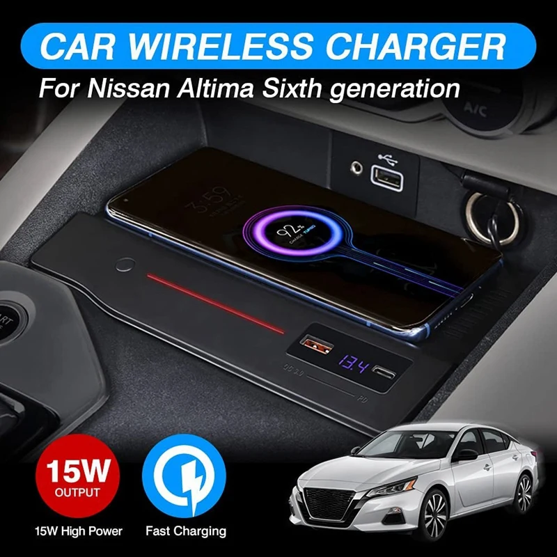 15W Fast Wireless Car Charger Fasting Charging Wireless Qi Phone Charger Pad For Nissan Altima 2019-2022