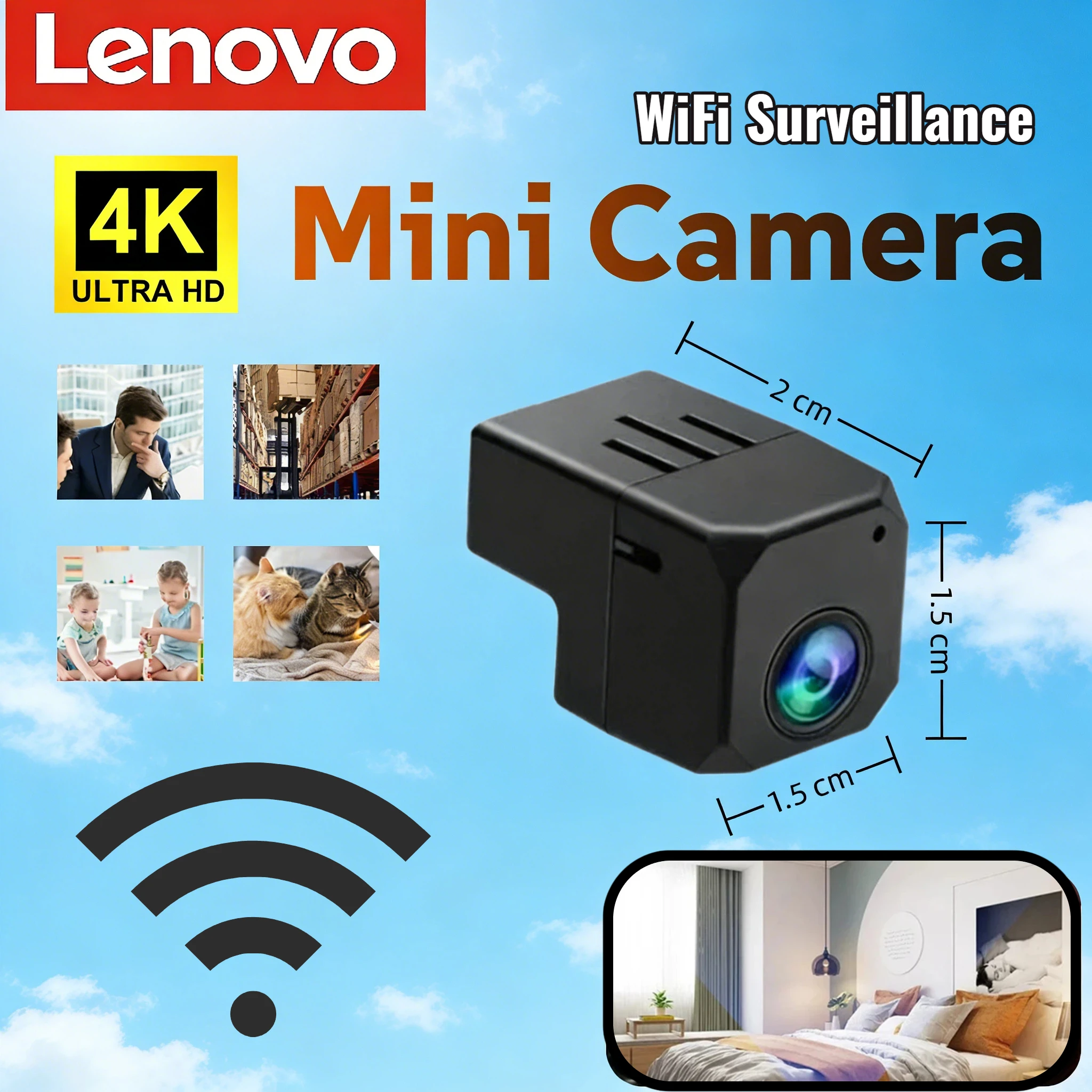 Lenovo Wireless WiFi Surveillance Mini Camera 1080P HD Night Vision Lightweight Portable Premium Cams Motion Detection 2026