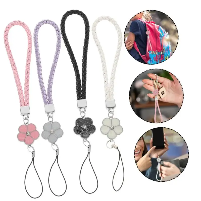 Braided Phone Wrist Lanyard Heavy Duty Woven Strap Cute Floral Pendant Anti-Loss for Hiking Camping Outdoor Activities