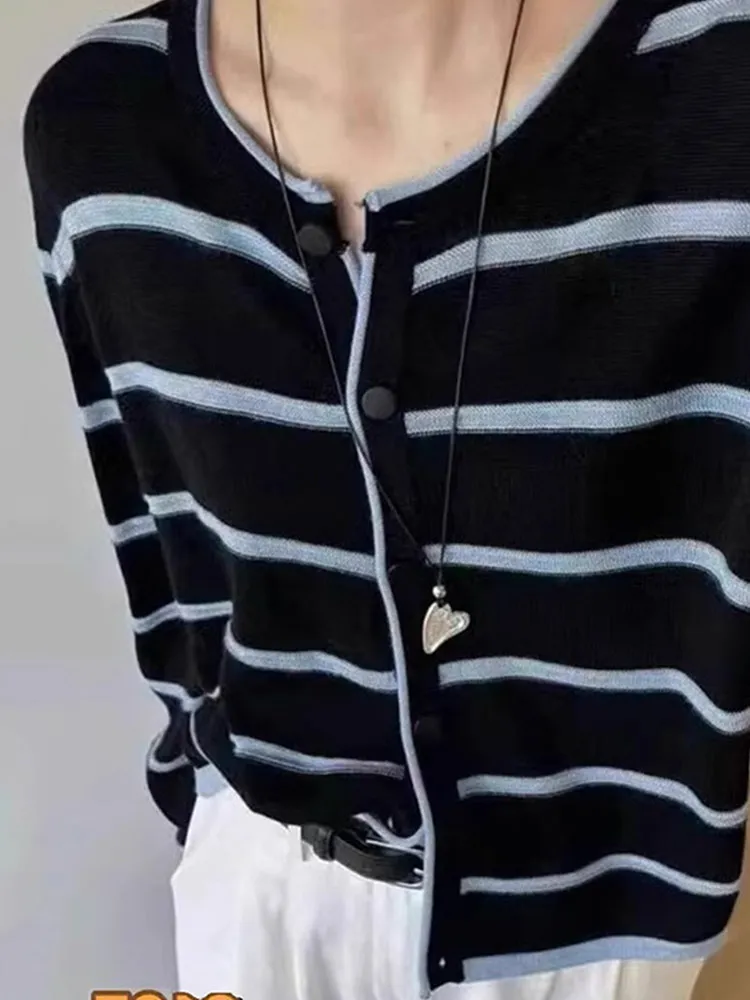 

Женский повседневный вязаный длинный свек, круглый полосатый дизайн, цветной свитер, удобный кардиган на одной пуговице, шерстяной топ