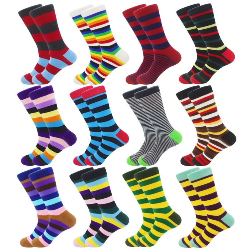 1pair Funny Men Socks Stripe Casual Fashion Harajuku Business Design Crazy Colorful Striped Breathable Casual Socks