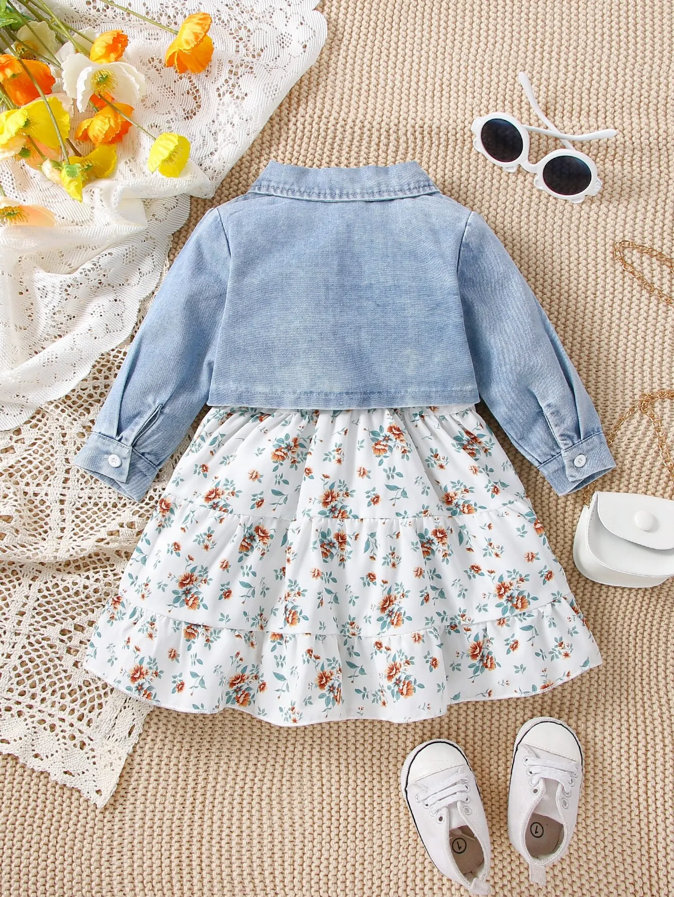 Baby Spring and Autumn Denim Coat Floral + Slip Skirt Two-piece Casual Female Newborn Street Fashion Suit Outdoor Vacation Wear