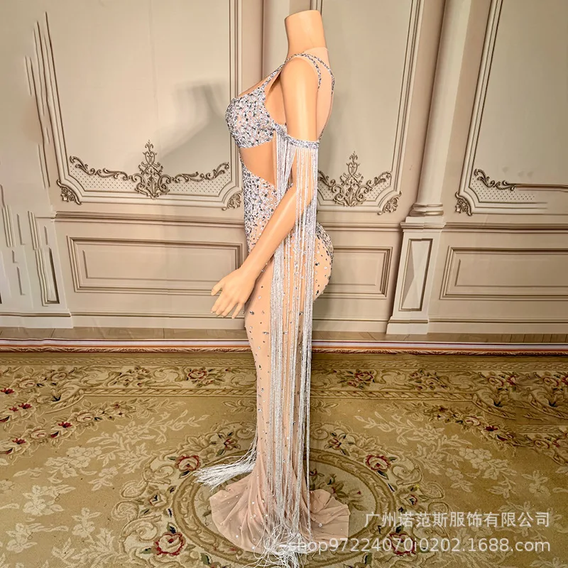 Heldere Kwastje Sexy Nep Vlees Temperament Jurk Banket Gastheer Prestaties Kleding Model Catwalk Trendy Kleding Galajurken Luxe