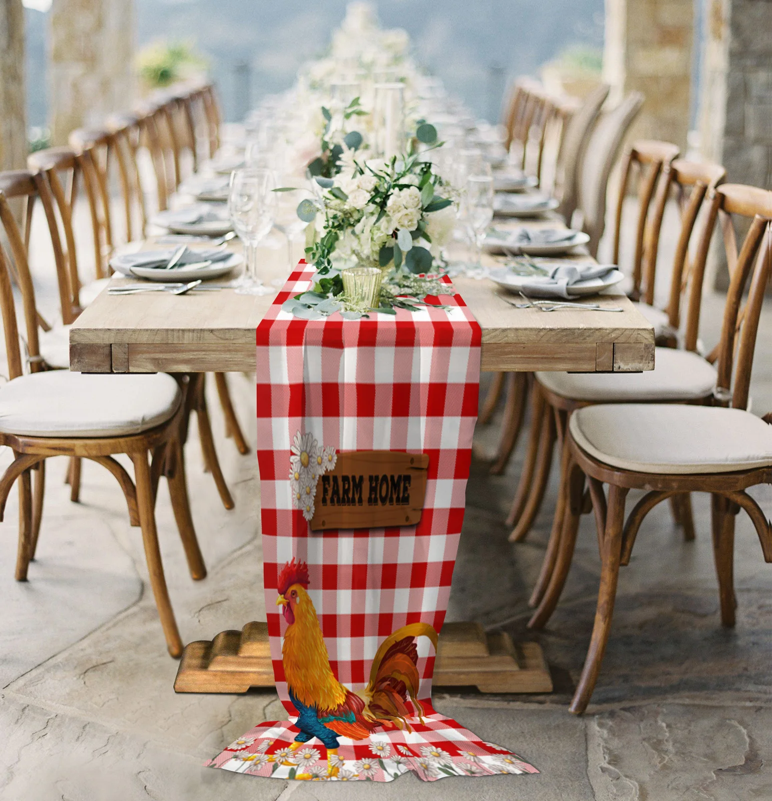 Red Plaid Daisy Rooster Farm Sheer Chiffon Table Runner Country Wedding Party Birthday Tulle Voile Table Cloth Home Decoration