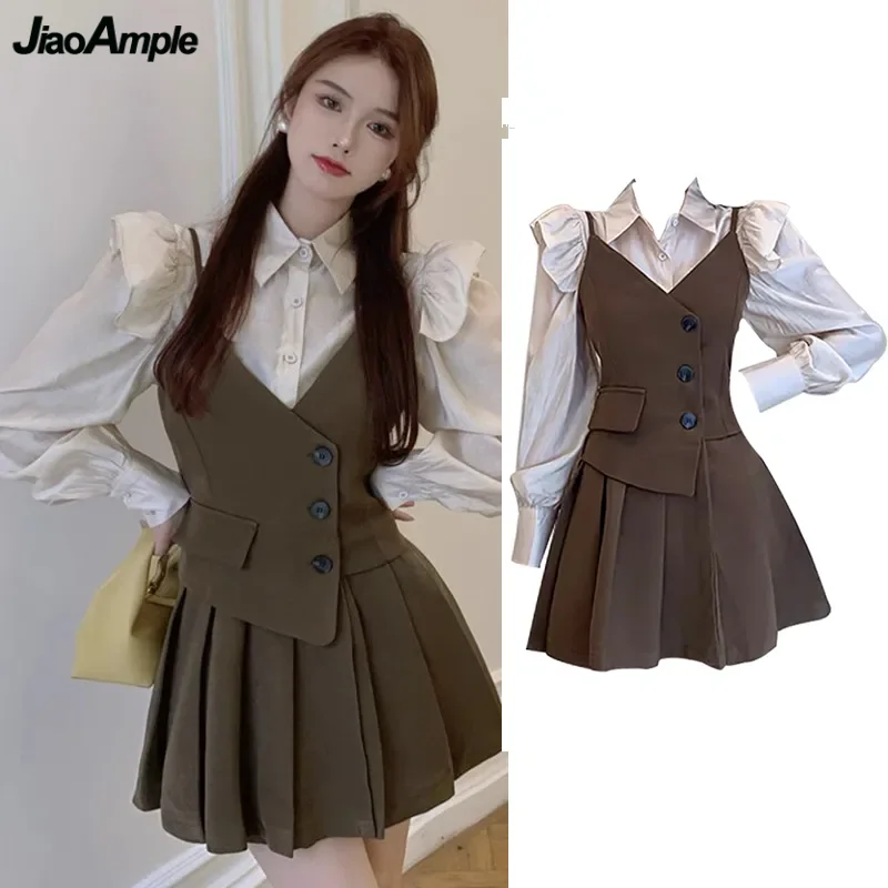 Women's Spring Autumn Preppy Style JK Two Piece Set Ruffle Shirts Sling Mini Dresses Outfits 2024 Lady Fashion Tops Dress Suits