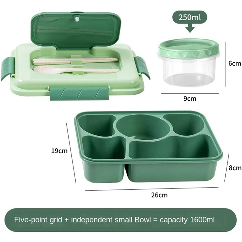 Lunch Box 1600Ml 5 Compartment Bento Box Adult With Built-In Reusable Spoon Chopsticks Travel Home Essentials (Green)