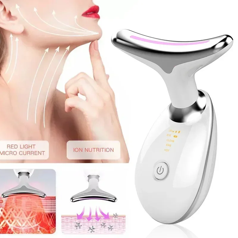 Máquina de estiramiento facial y cuello, masajeador facial, terapia de fotones LED de 7 colores, estiramiento de la piel, Reduce el doble mentón, herramientas para el cuidado de la piel antiarrugas