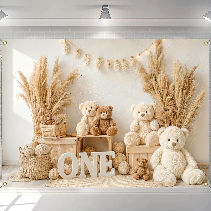 

LS Bohe Pampas Grass Bear Backdrops Kids Baby Photography Props Child Adult Photocall Decors 1st Birthday Cake Smash Backgrounds