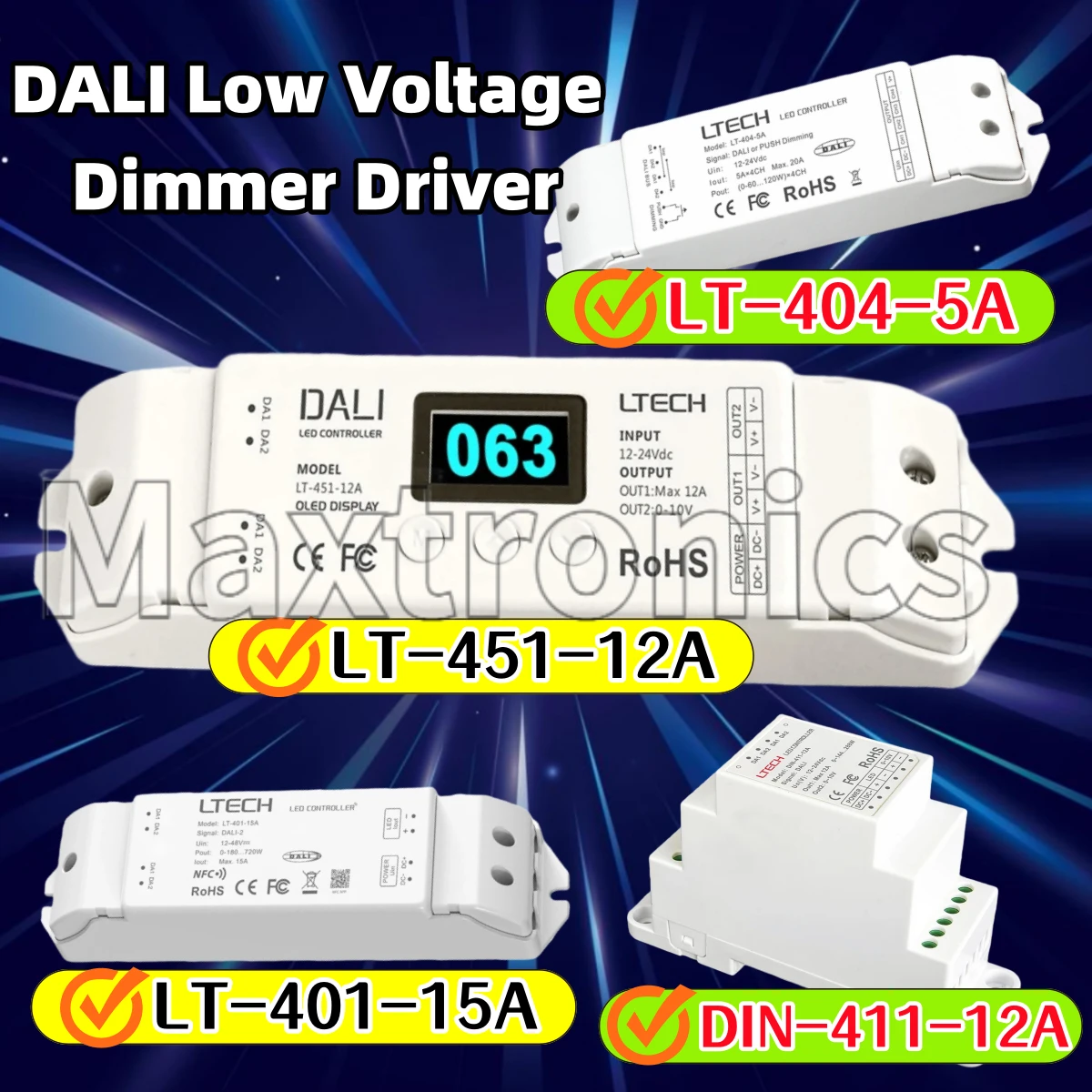 LTECH Constant Voltage DALI Low Voltage Dimmer Driver LT-404-5A LT-451-12A DIN-411-12A NFC Driver LT-401-15A For LED Strip Light