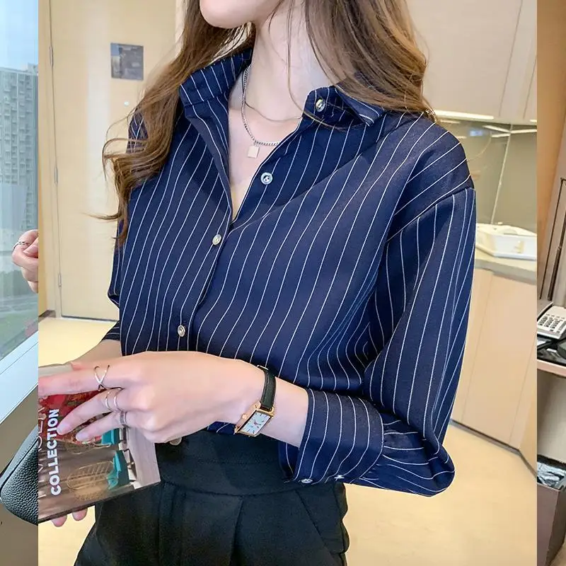 2023 Autumn New Striped Printed Chiffon Shirts Women Office Lady Turn-down Collar Pressing Buckle Patchwork Long Sleeve Blouses