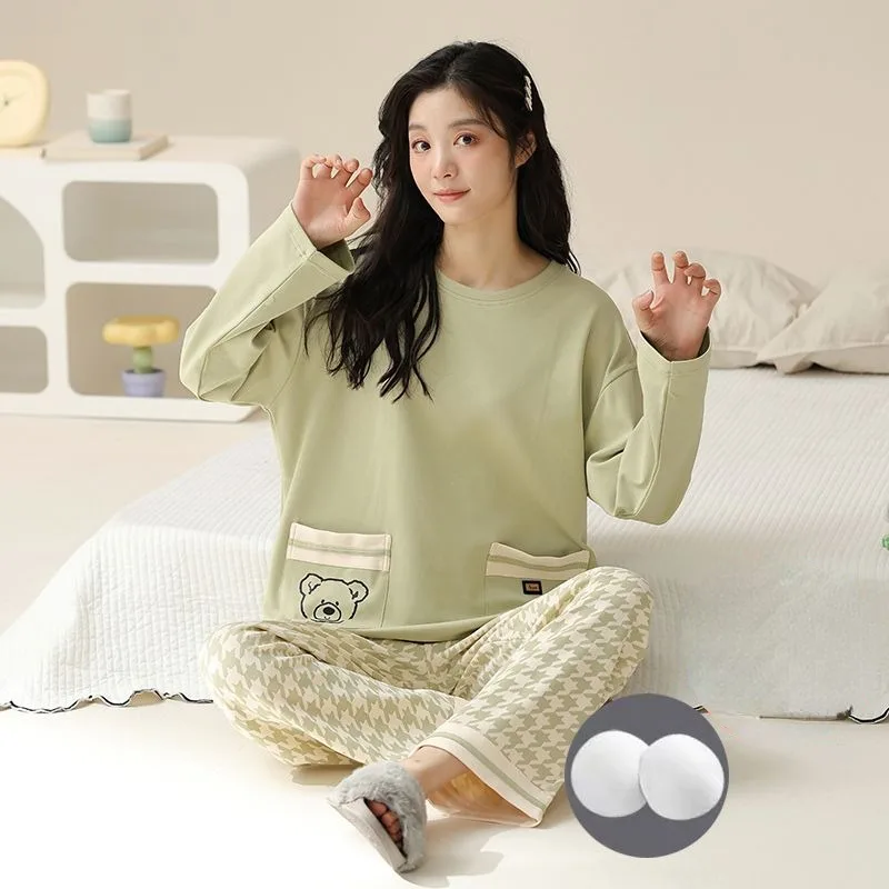 2024 New Cotton Pajama Women Spring Autumn Nightwear Long Sleeves Sleepwear Chest Pads Cotton Homewear Pullover Loose Loungewear