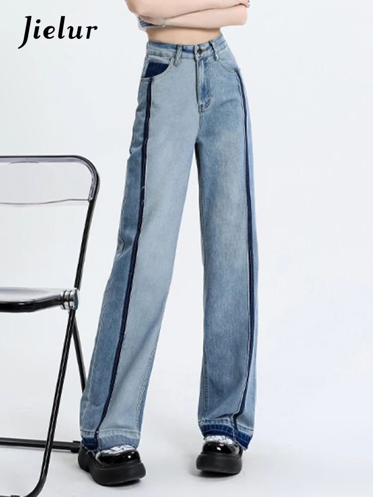 

Jielur Spell Color Cotton Denim High Waist Women's Jeans Slim Loose Full Length Straight Female Wide Leg Pants Vintage Clothes