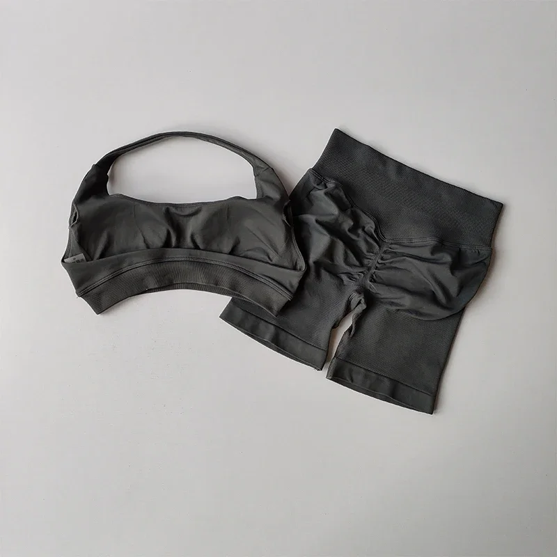 2-teiliges Set: Sexy Neckholder-Sport-BH in Pfirsichfarbe und High-Waist-Shorts für Damen, geeignet für Pilates, Yoga, Training, Fitness, mit schönem Rückenausschnitt und formgebendem Effekt. – Detail 8