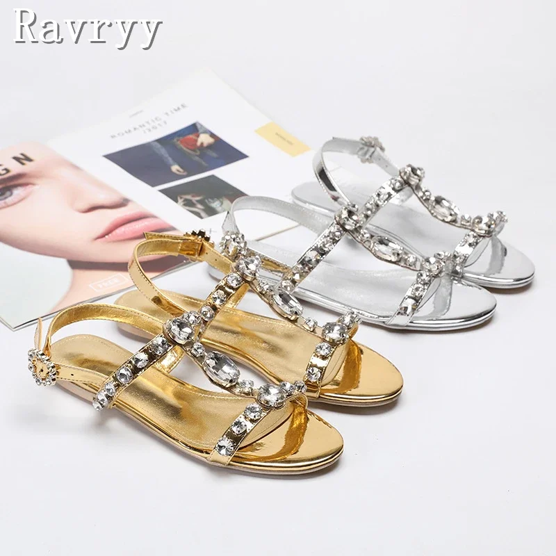 

Luxury Design Rhinestone Women Sandals Summer New Genuine Leather Open Toe Flats Bohemia Style Vacation Beach Shoes
