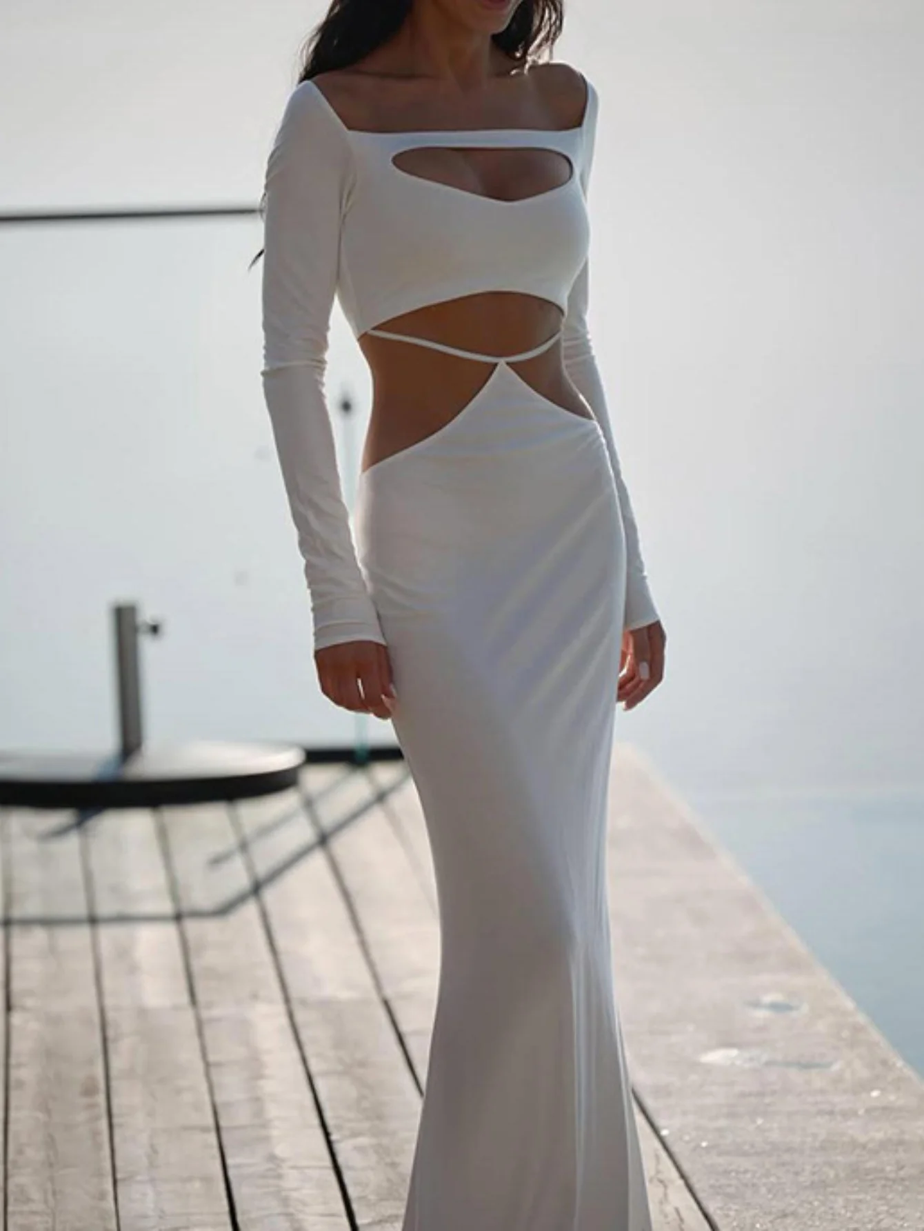 الصلبة قبالة الكتف قطع Bodycon اللباس مثير سليم صالح كم طويل البسيطة تشغيل صغيرة رقيقة