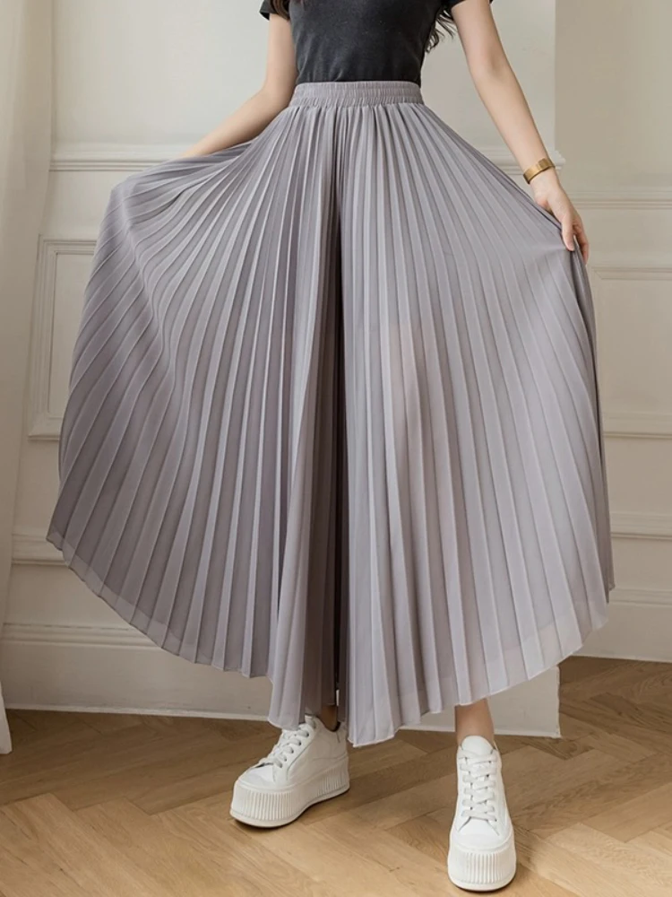 Falda plón de gasa pada hoada informal de pierna ancha con cintura alta y estilo coreano para mujer de verano