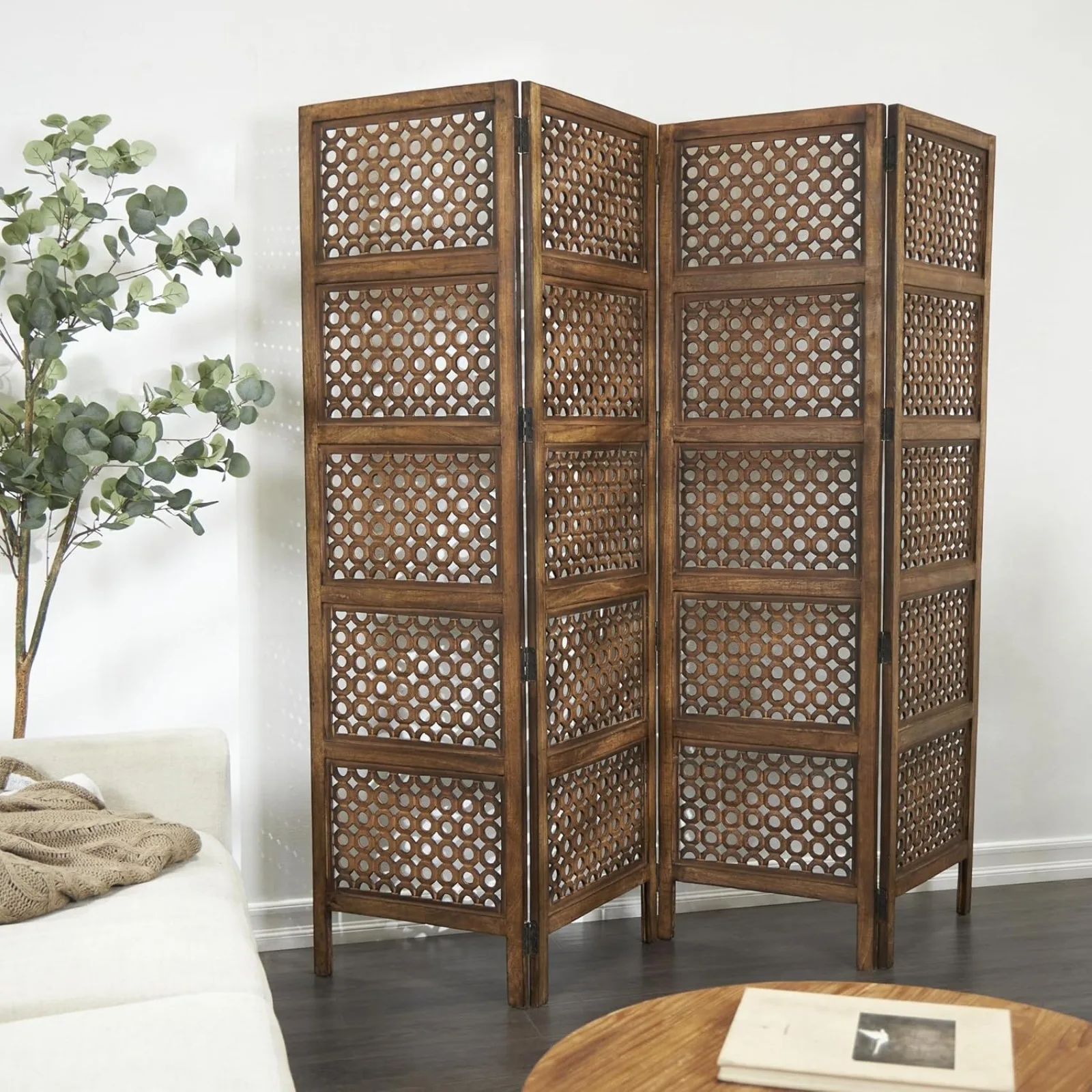 US Wooden Floral Handmade Partition Room Divider Screen, LARGE SIZE, Brown