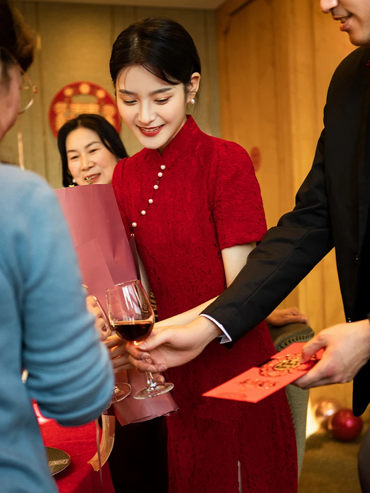 

Традиционный китайский костюм Ele Lace Dr для свадьбы, повседневной носки, с низким разрезом, однотонный, с бисерным декором