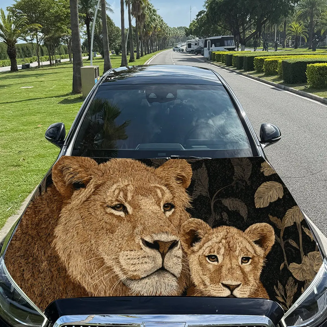 Car Decal Lioness and Cub in Artistic Background with Textural Elements & Wild-Bonding Visual Details Car Hood Sticker, Waterpro