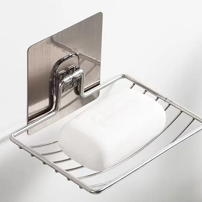 1pc-Stainless Steel Soap Rack Punch-free Nail-free Bathroom Single Layer Drain Wall Hanging Sucker Soap Box Light Luxury Shelf