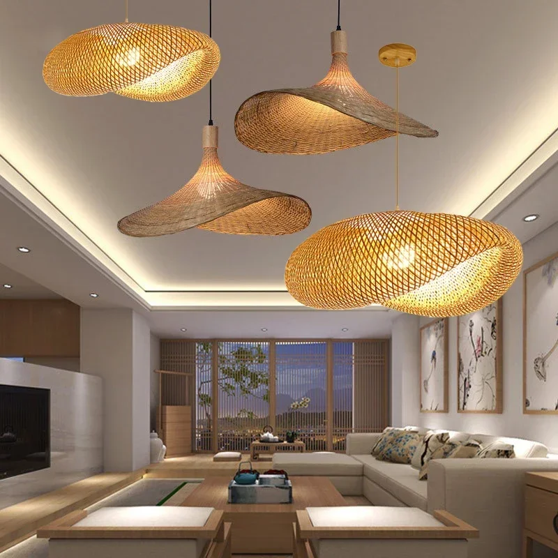 Con lampadina a LED Rattan Vimini Legno di bambù Lampada a sospensione Soffitto Lustre Lampadario Hanglamp Mestiere a mano Home Living Bed Room Decor