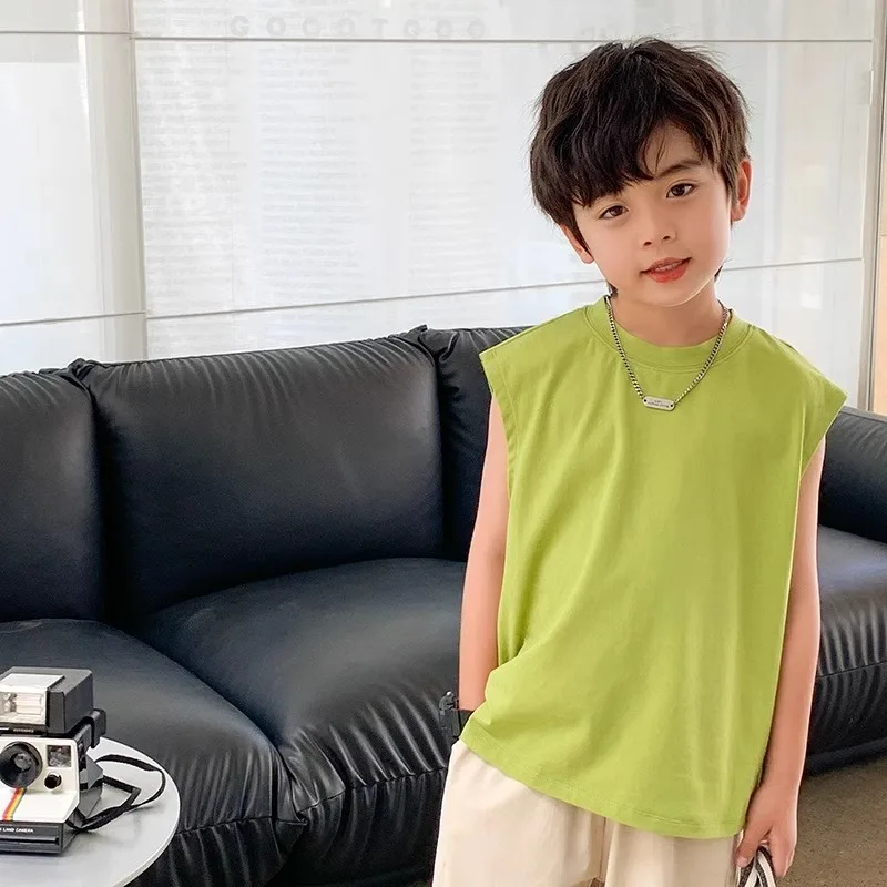 Childrens Clothing Boys T Shirt 2025 New Style Childrens Korean Sleeveless Vest Boys Solid Color Top Loose T Shirt