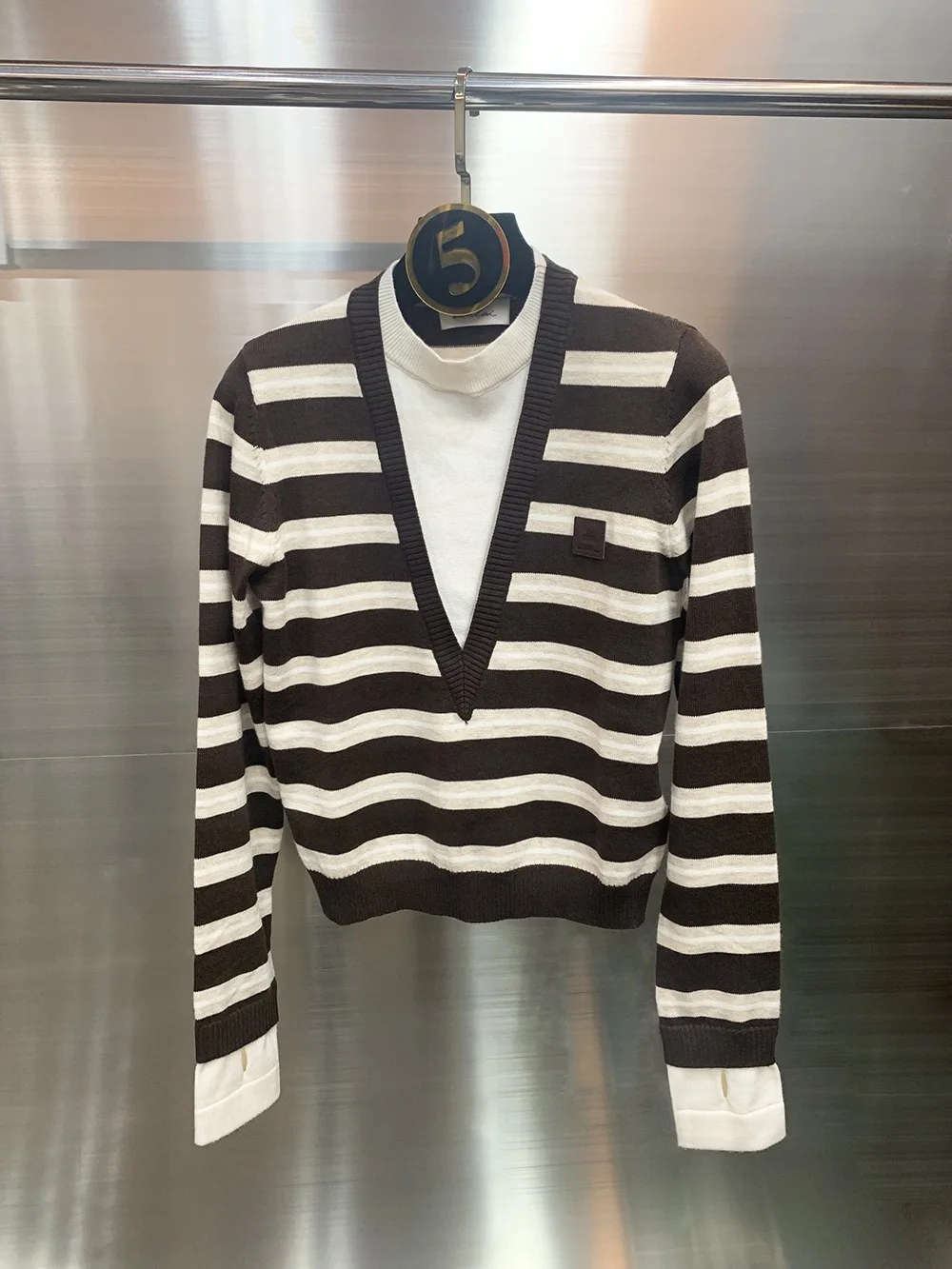 

Зимний 2025 облегающий вязаный свитер с круглым вырезом, длинный рукав, в полоску, цветной, с эффектом двухслойности, шерстяной женский топ