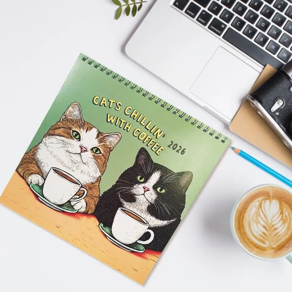 2026 bonito sapo chapéu gato leitura gato verde café gato dos desenhos animados calendário gato ilustrações calendário de mesa versátil decoração da parede