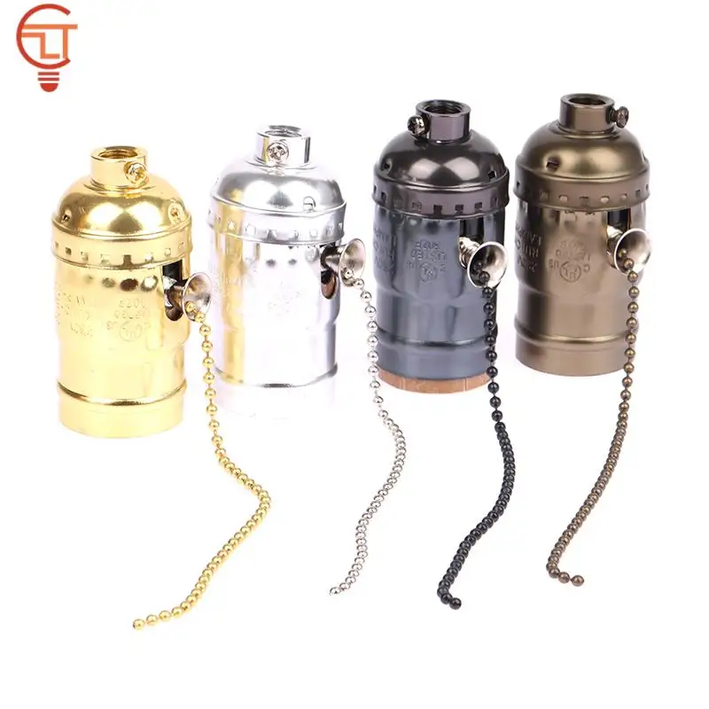 Vintage E26 E27 Aluminum Alloy Antique Lamp Base Holder Screw Aluminum Shell Bulb  Light Screw Socket 4 Colors With Chain Switch