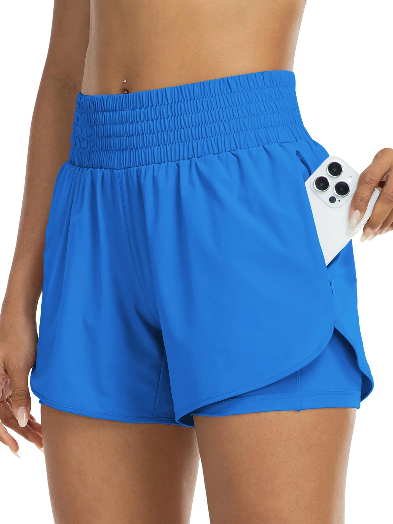 Dames atletische shorts met hoge taille voor hardlopen, yoga, gelaagd ontwerp, anti-blootstelling, fitness en training met zakken