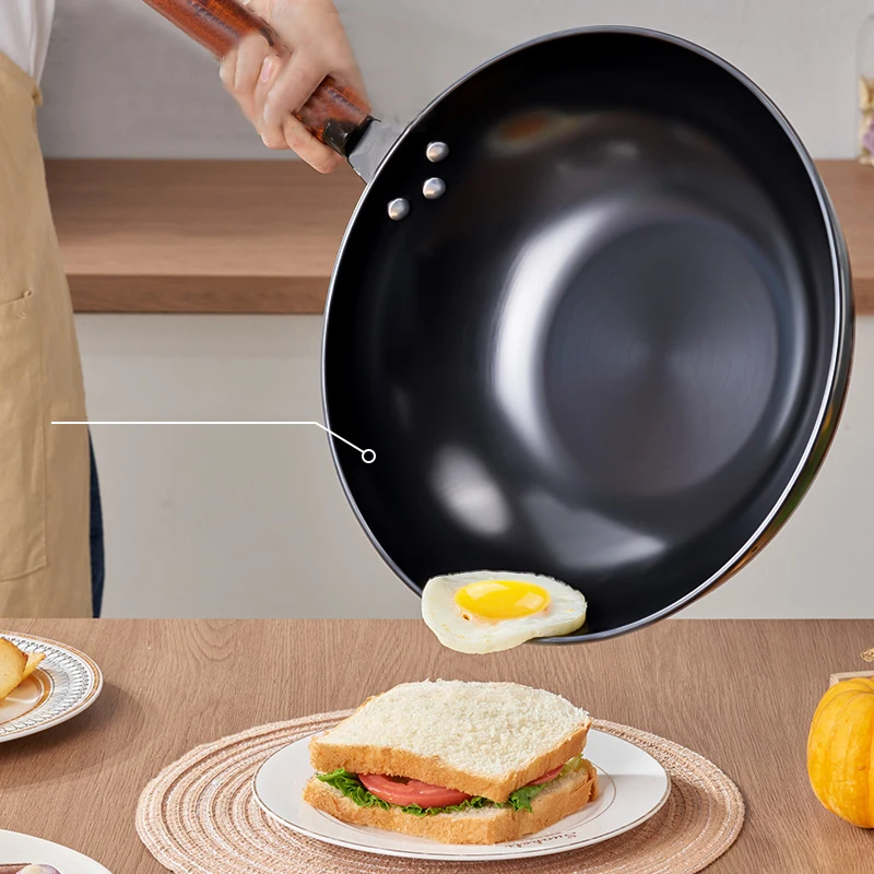 GIANXI High-Grade Handmade Iron Pan Without Coating Household Cooking Pots Health Wok Frying Pan Non-stick Frying Pan