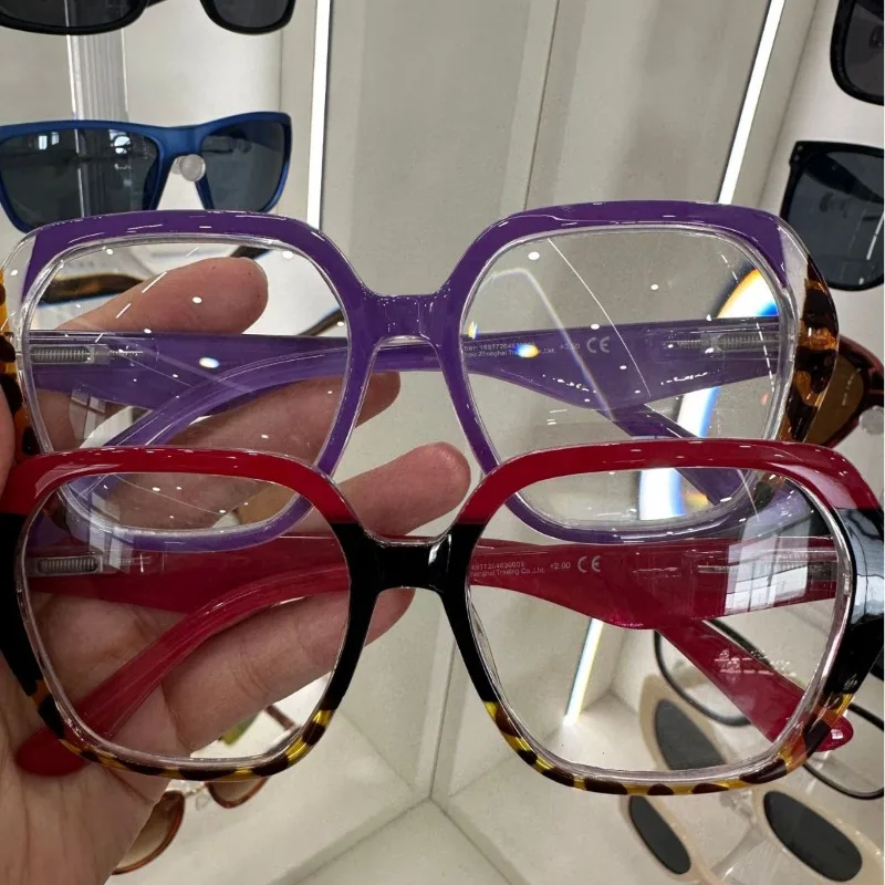 Polygonal Large-Frame Presbyopia Glasses for Women Rainbow Gradient Contrast-Colour PC Frame Blue Light Blocking Reading Glasses