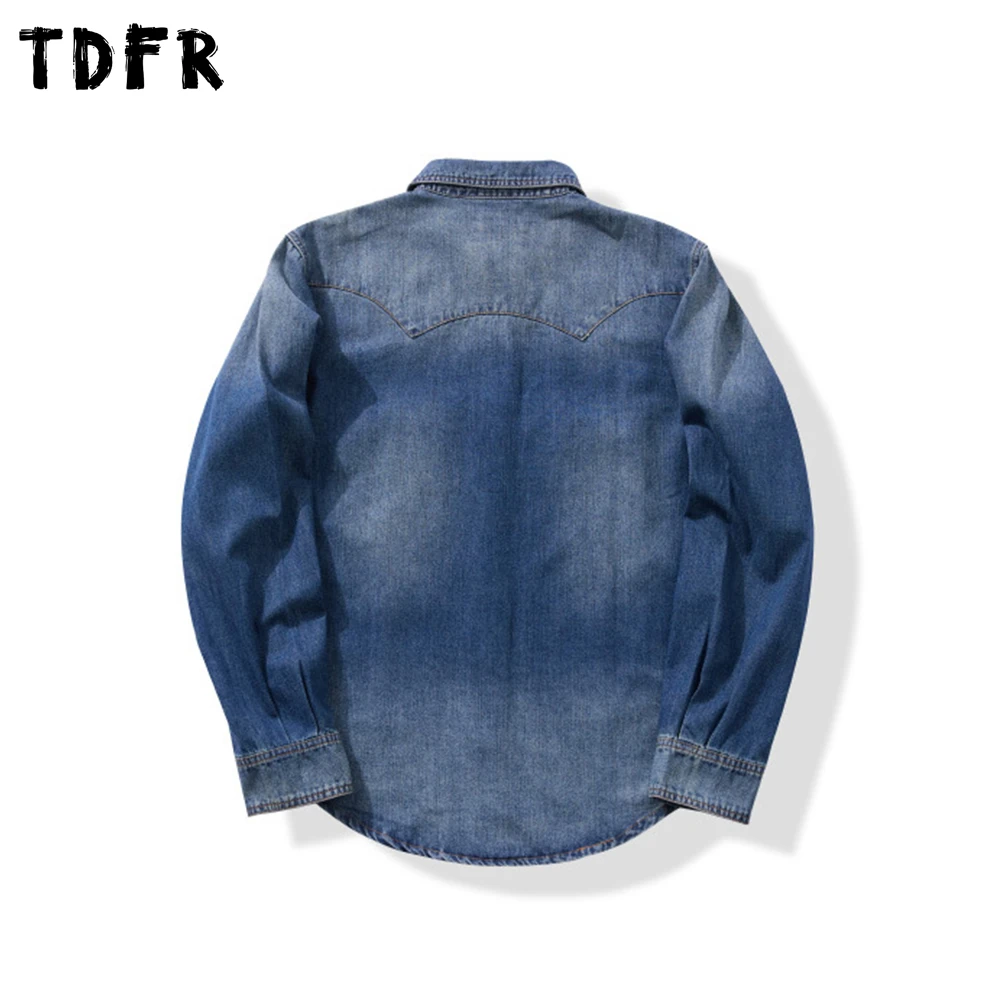 Retro Pocket Denim Shirts Mens Autumn Washed Distressed Lapel Single Breasted Long Sleeve Round Hem Shirts Man
