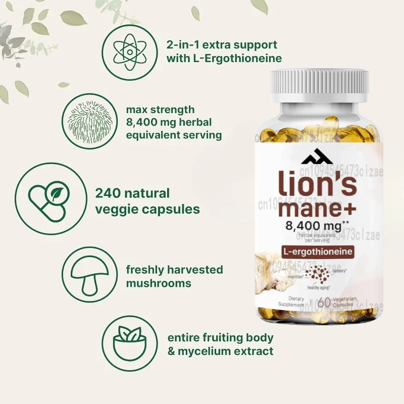 

Lions Mane Supplement Capsules - Vegetarian Capsules of L-ergothionein | Mushroom Supplements, | Non GMO