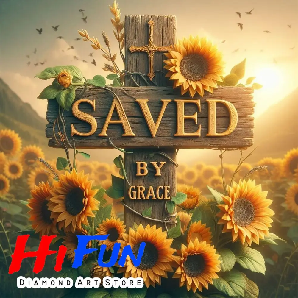 

5D DIY Diamond Painting Cross Stitch Mosaic Christian Sunflower Design Saved By Grace Home Decor Rustic Farmhouse Wall Art