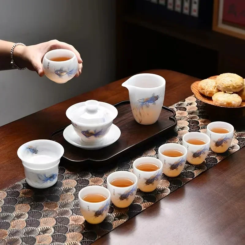 Ice White Jade Porcelain Kung Fu Tea Set Goat Fat Jade Porcelain Light Luxury Tea Set