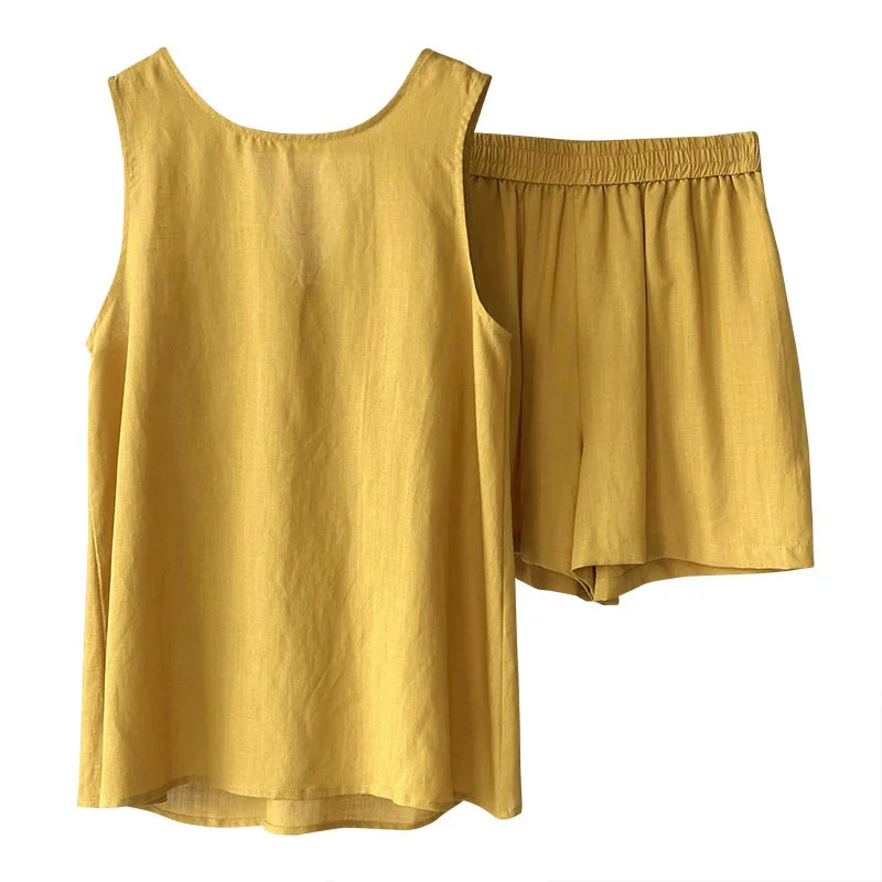 

2025 summer linen backless women's shirt, high waist wide leg shorts two-piece set, comfortable and breathable women's vest