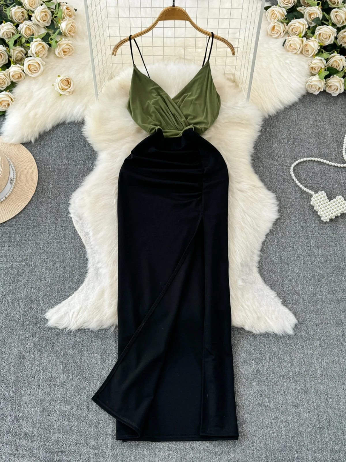 Einzigartige Strapl Farbe Blo Hohe Taille Lange Dr Koreanische Sle V Ne Schlitz Sexy Sommer Neue Ankunft Bodycon Dr Rock