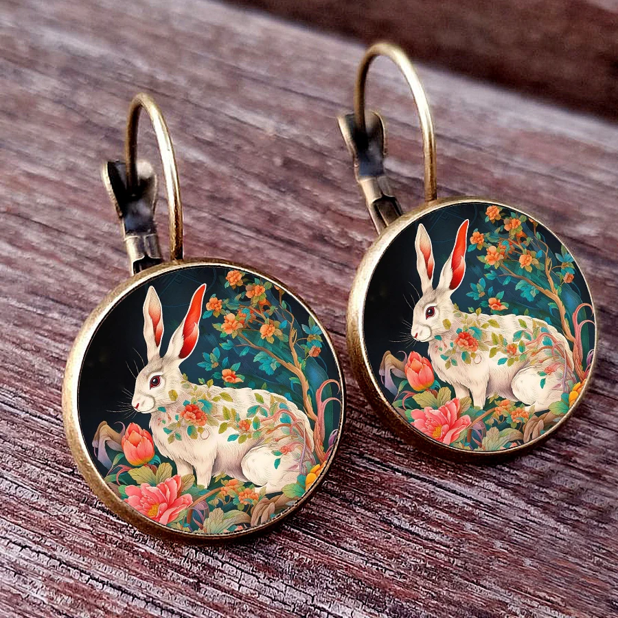 2024 New Painting Rabbit Earrings Cute Rabbit Animal Glass Cabochon Handmade Women\'s Jewelry Earrings I love little rabbits