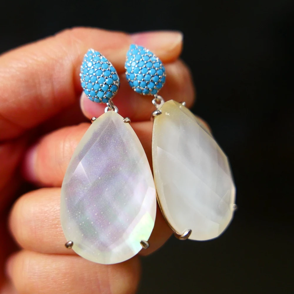 

KQDANCE Blue Turquoise/ Pink Quartz /Green Agate Colored Jade Natural stones Earrings with Zircon 925 silver Jewelry 2023 Trend