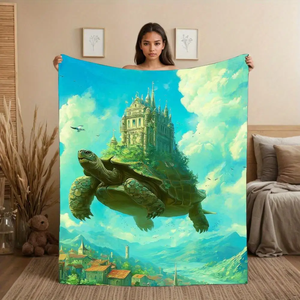 Flying turtle castle pattern Flannel printed blanket suitable for all seasons suitable for living room office sofa and travel