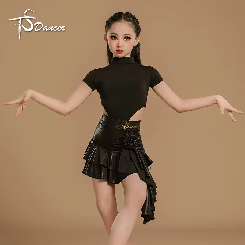 Costume de danse latine pour filles, spectacle d'entraînement de danse, combinaison, jupe à manches courtes haute brillance, ensemble de cours noir pour enfants