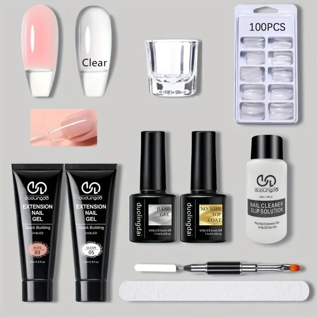 

Набор полигелей для ногтей в двух оттенках: включает гибридный гель-желе для наращивания, базовый и топовый гель-лак, предназначенный для женщин.