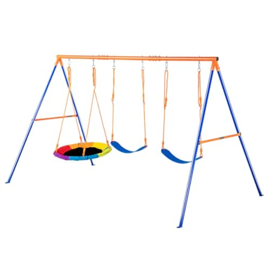 

600lbs Heavy Duty A-Frame Metal Swing Set for Backyard with 3 Seats 1 Saucer + 2 Belt Adjustable Rope Durable Steel Outdoor Swi